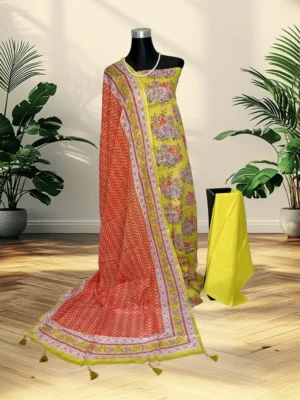 Sahara mastered yellow unstitched cotton suite set
